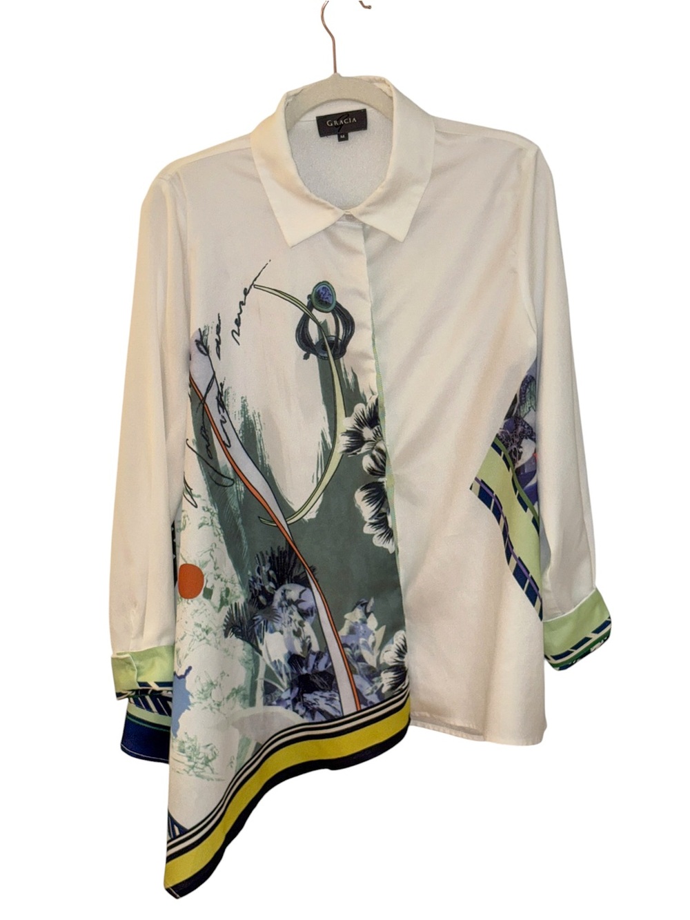 Gracia Asymmetrical Art Print Button-Up Blouse Size M - Picture 2 of 15